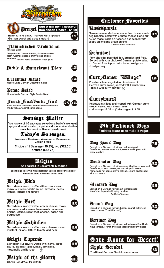 Der Biergarten Sacramento menu